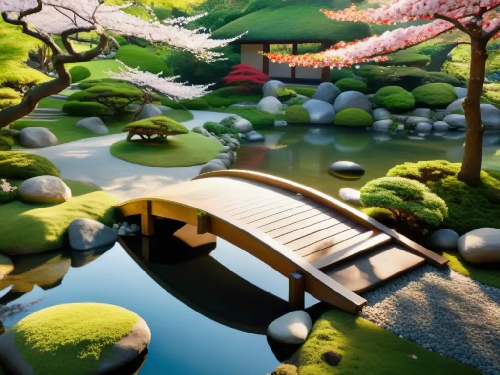 Feng Shui exterior para armonía sostenible: Jardín japonés sereno con puente de madera, estanque y cerezos en flor