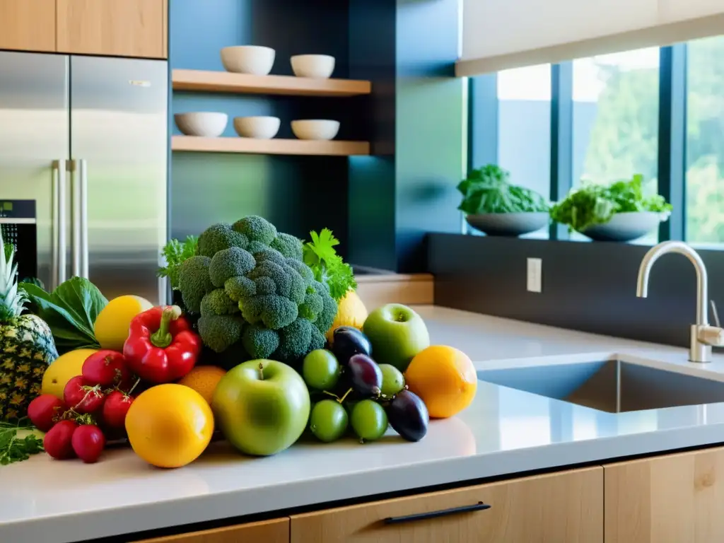 Una exuberante y colorida composición de frutas, verduras y hierbas frescas en una encimera de cocina moderna, iluminada suavemente