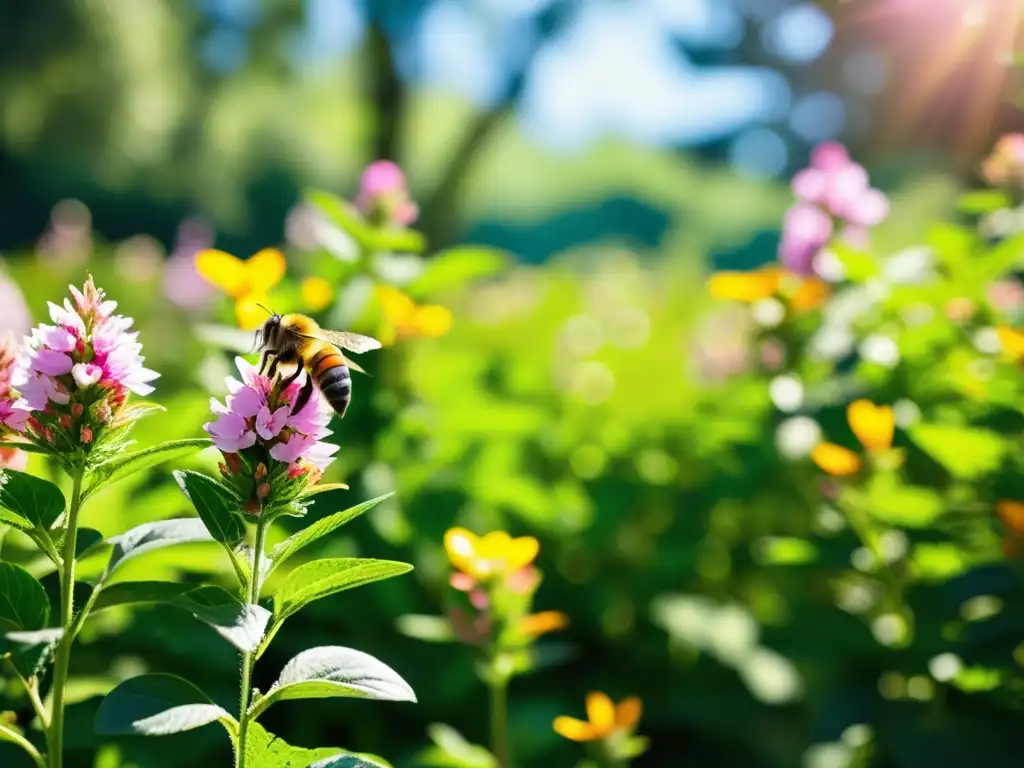 Una exuberante fotografía de un jardín soleado, lleno de flores y vegetación vibrante