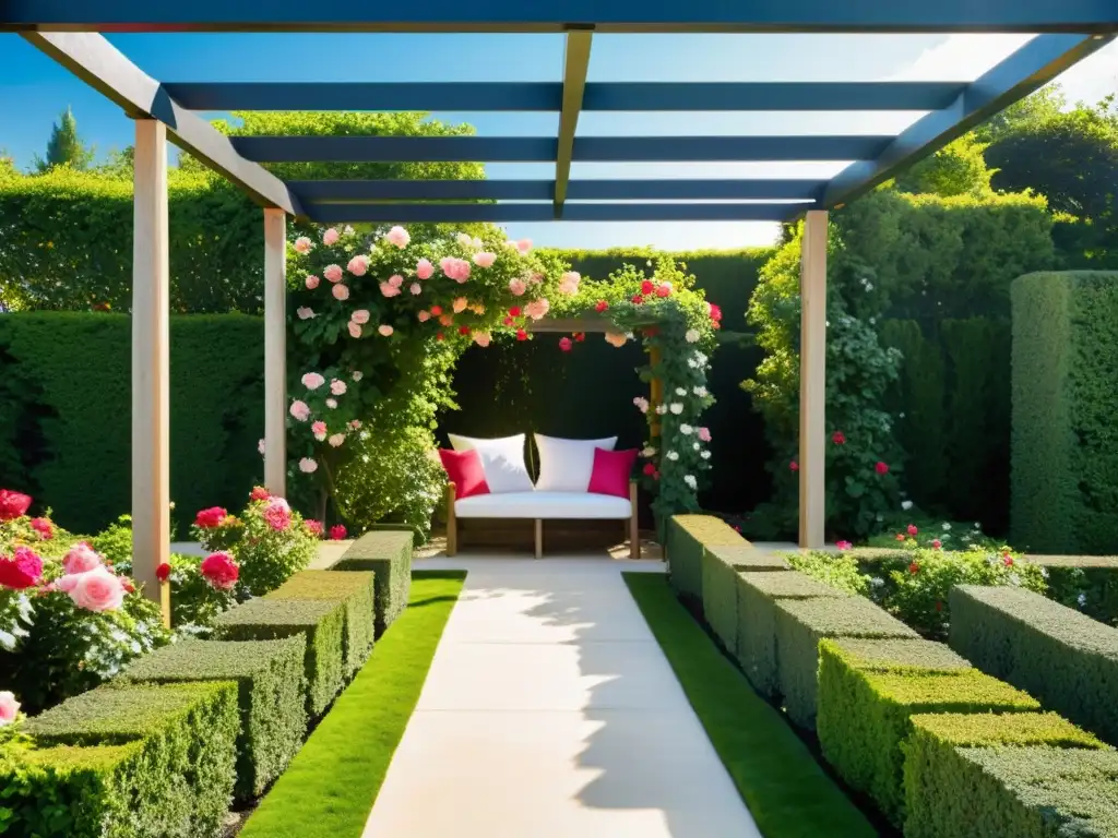 Un jardín exuberante con pérgola, rosas rojas y rosadas, setos recortados y un camino de piedra