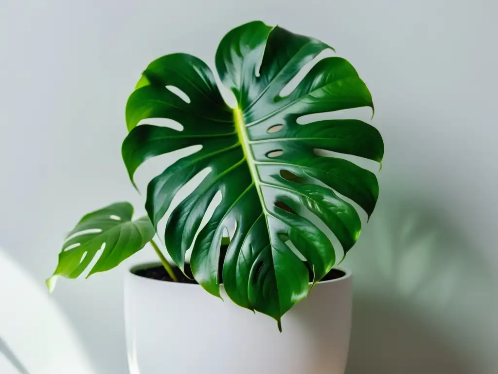 Una exuberante planta monstera en maceta blanca, simbolizando el equilibrio y vitalidad del Feng Shui en el hogar