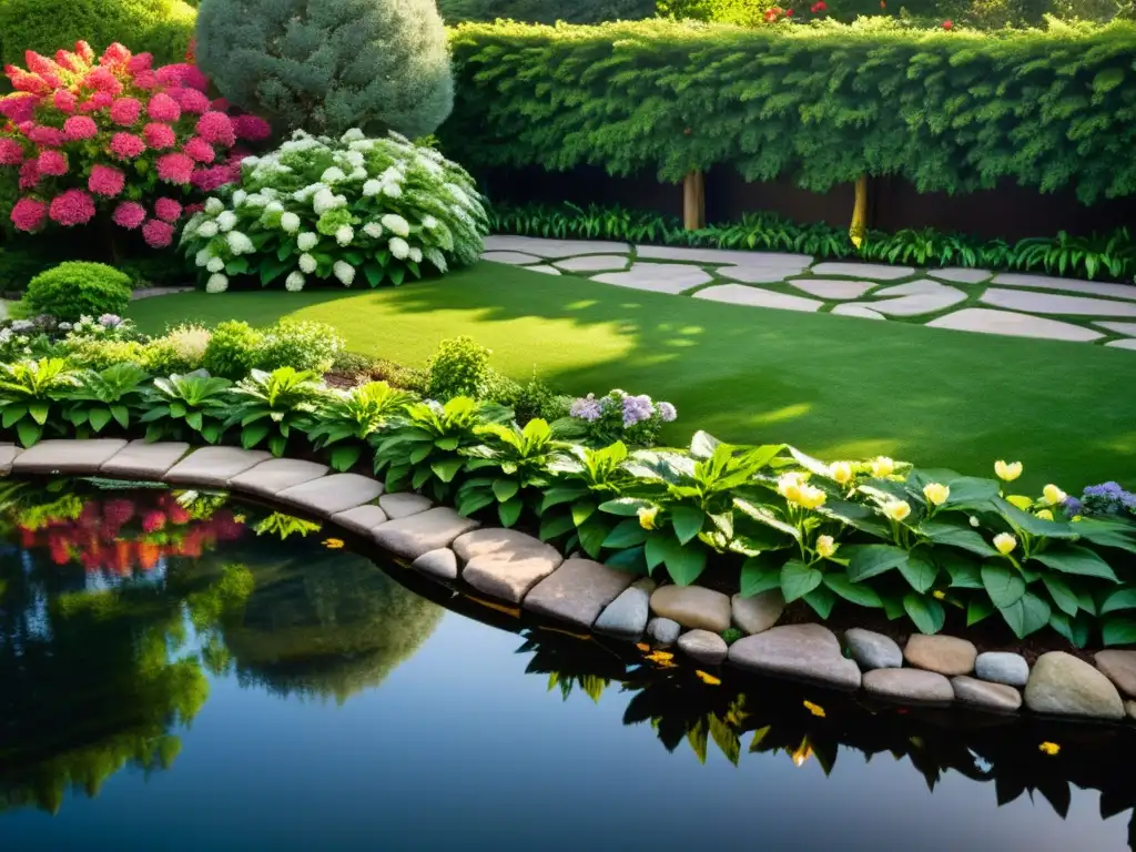 Un jardín exuberante con rocas y un estanque, bañado por la luz del sol