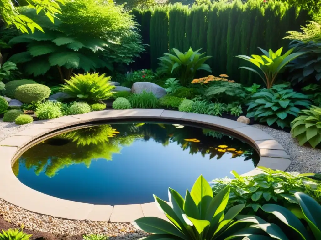 Jardín exuberante con rocas, estanque y vida silvestre, atrae fauna local con Feng Shui en armonía