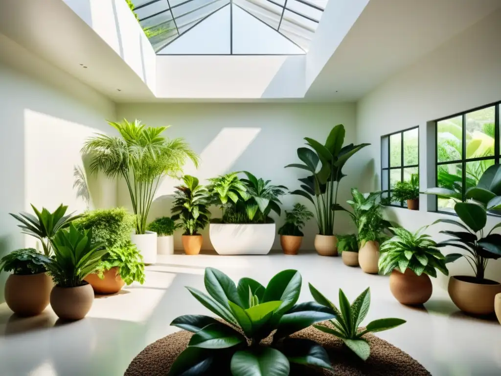 Un jardín interior exuberante y sereno con plantas curativas para armonía Feng Shui