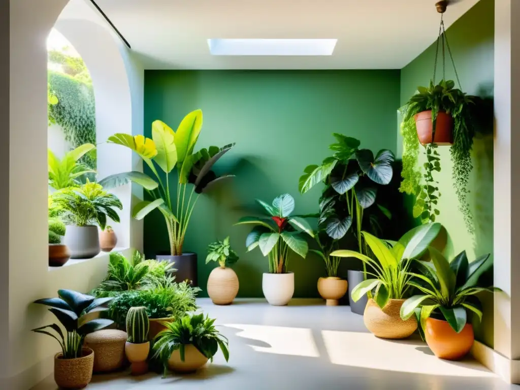 Un jardín interior exuberante y vibrante con plantas para potenciar energía positiva, creando un oasis de paz y armonía