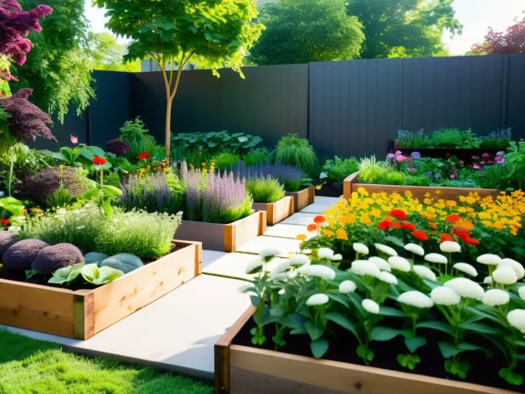 Un exuberante y vibrante jardín urbano con huertos ordenados rebosantes de flores coloridas, hierbas y vegetales