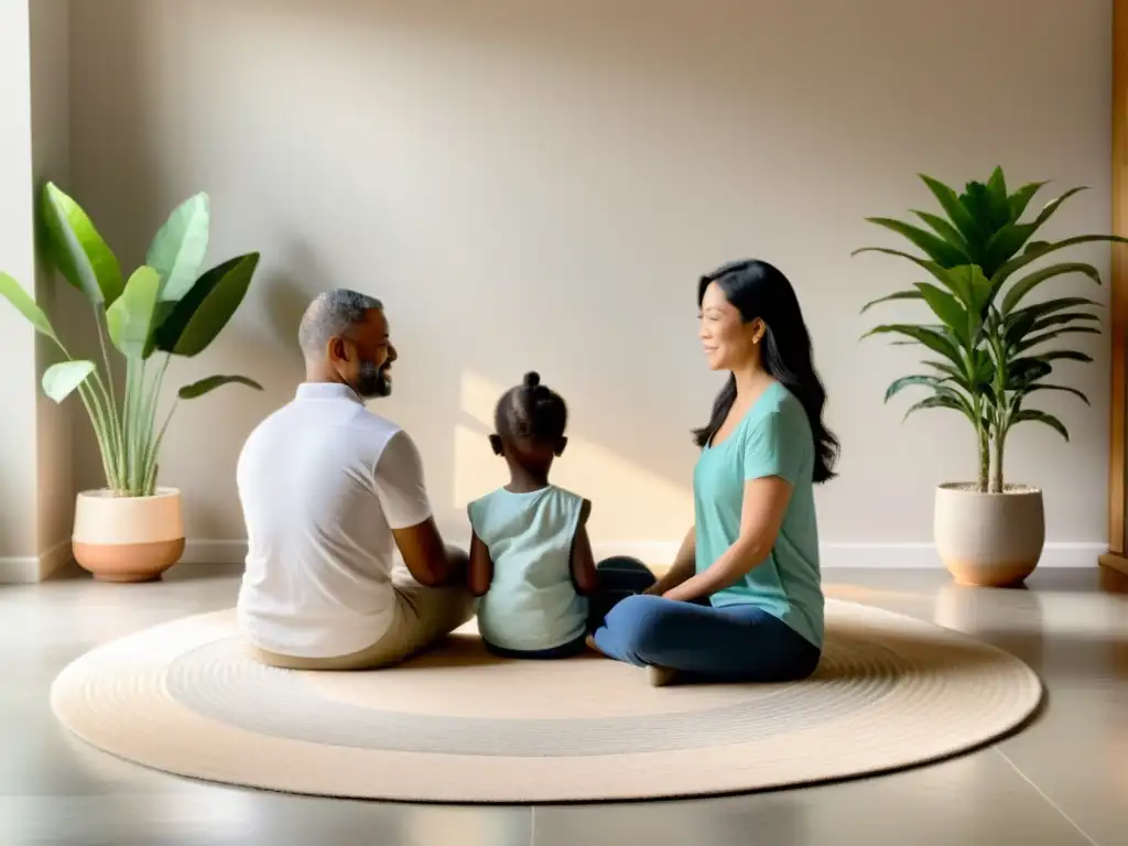 Una familia en meditación para niños en familia, sentada en círculo en una atmósfera serena y armoniosa, con luz natural y plantas de fondo