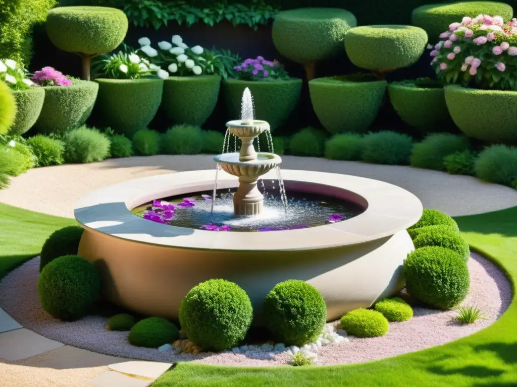 Jardín Feng Shui con fauna benéfica, flores vibrantes y fuente de piedra elegante en un entorno armonioso y tranquilo