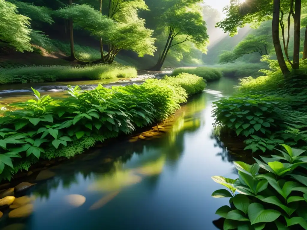 Flujo y movimiento en Feng Shui: arroyo sereno fluyendo entre árboles en un bosque tranquilo, iluminado por el sol