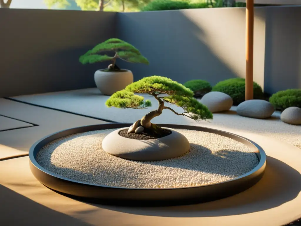 Jardín Zen con formas y figuras en Feng Shui: gravilla, piedras suaves y bonsái