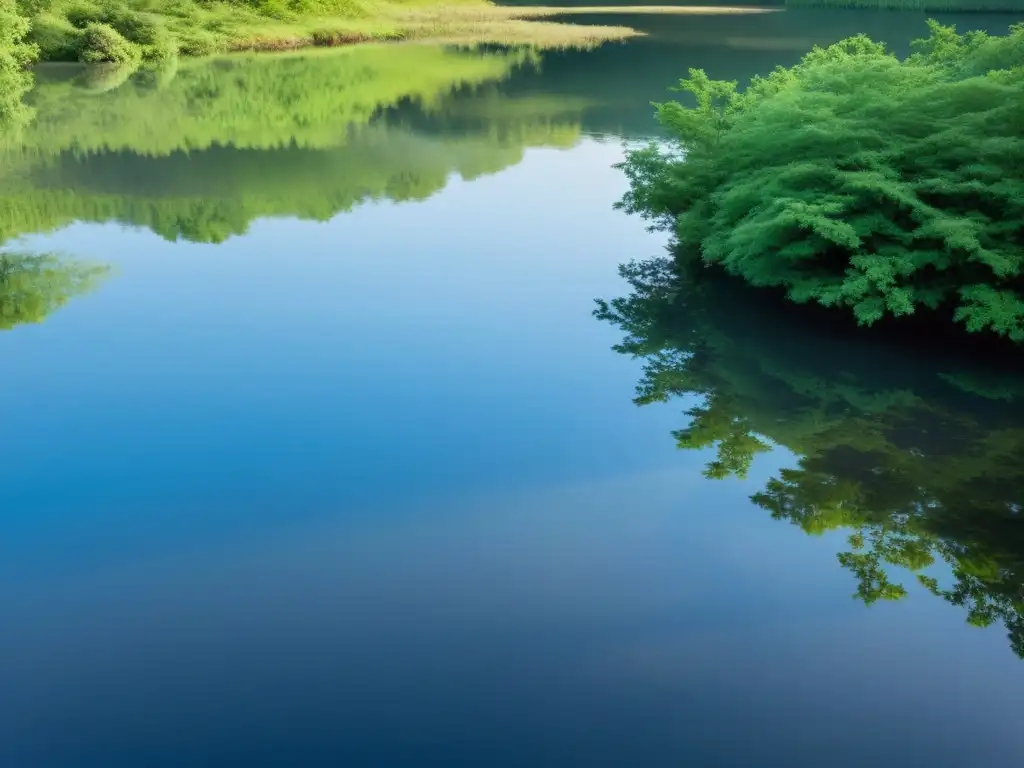 Una fotografía representativa de los cinco elementos con un sereno estanque rodeado de exuberante vegetación y reflejos del cielo azul