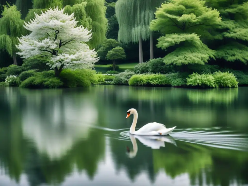 Una fotografía representativa de los cinco elementos: un sereno lago rodeado de exuberantes árboles, con un elegante cisne deslizándose por el agua