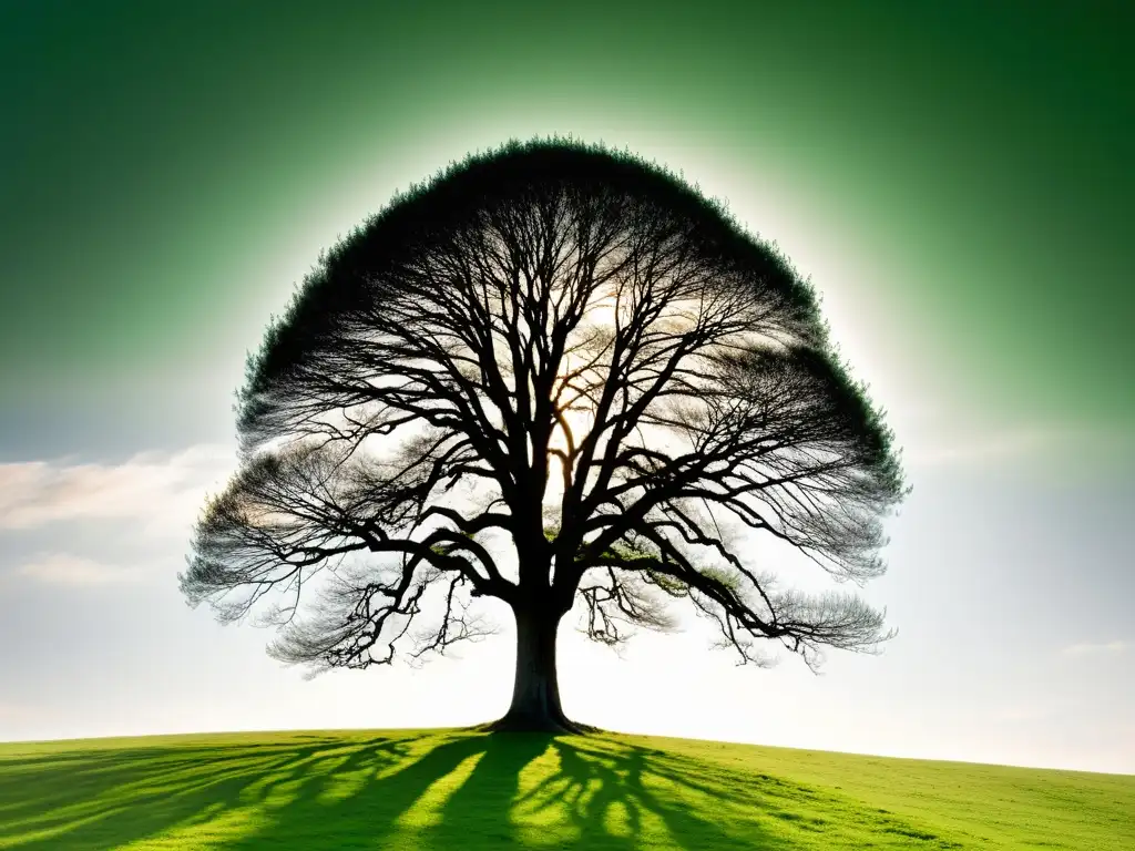 Fotografías para armonizar el hogar: Imagen de un árbol solitario en contraste con el cielo blanco y el verde vibrante, crea armonía y serenidad