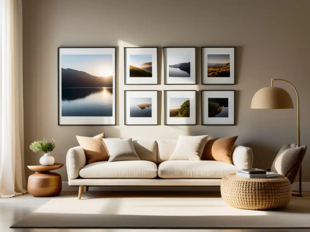 Fotografías para armonizar el hogar: una habitación soleada con muebles neutros y una galería de fotos enmarcadas, creando armonía y tranquilidad