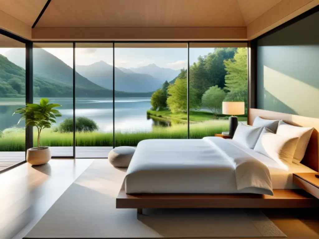 Fotografías paisajes Feng Shui tranquilidad: Dormitorio minimalista con vista a un paisaje sereno y natural, bañado en suave luz natural