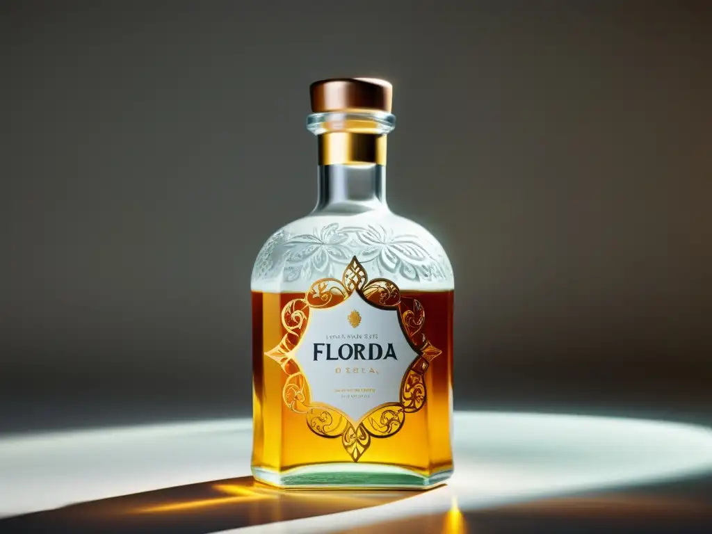 Un frasco de cristal lleno de vibrante Agua de Florida, con etiqueta elegante y filigranas, bañado en luz suave