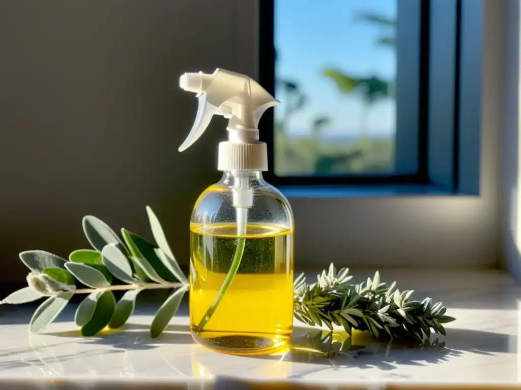 Un frasco de spray de vidrio transparente lleno de vibrante Agua de Florida amarilla, sobre una encimera de mármol blanco con salvia seca y un pequeño cristal de cuarzo