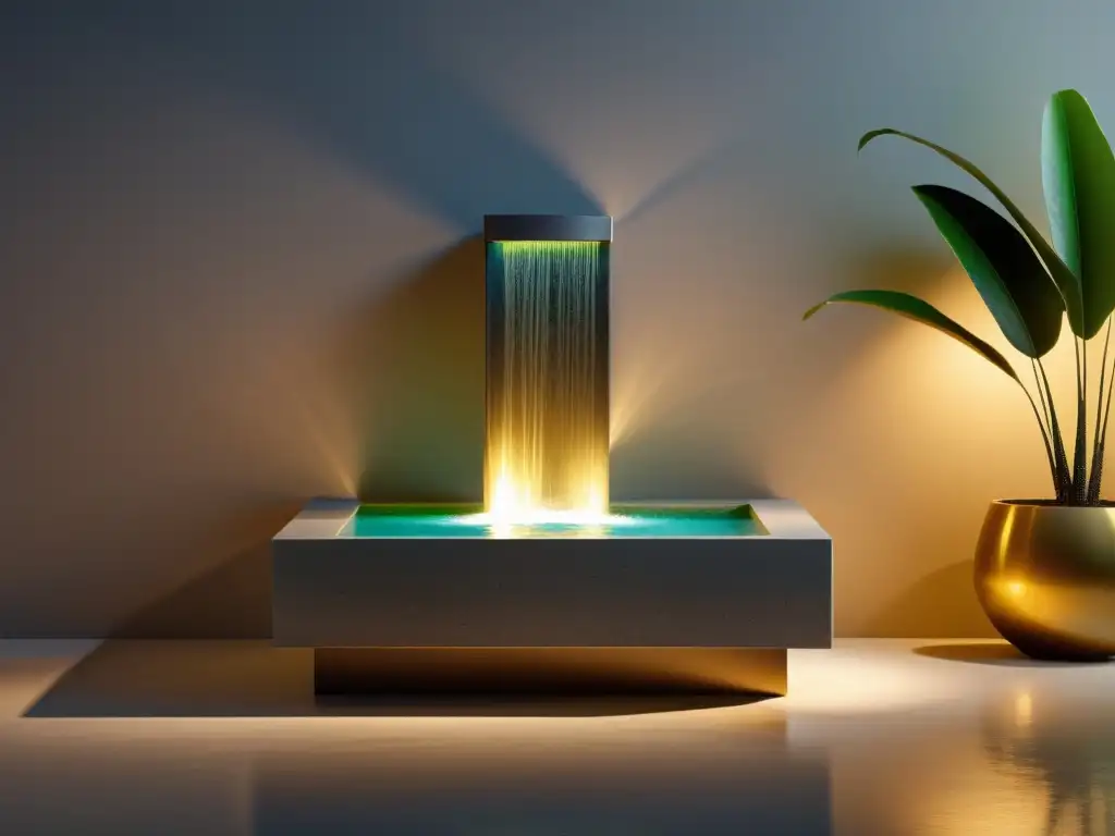 Una fuente de agua para armonía en interiores, de piedra pulida con agua tranquila fluyendo hacia una pequeña piscina, iluminada suavemente