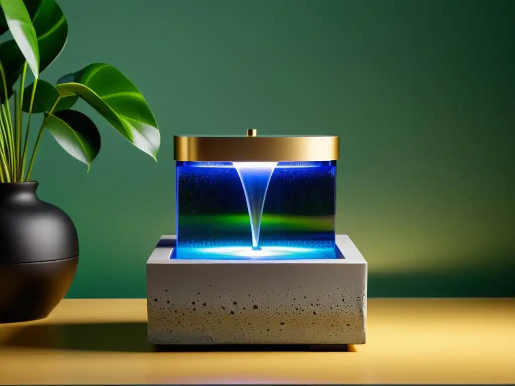 Una fuente de agua Feng Shui para escritorio, con líneas suaves y luces LED, creando armonía en el entorno