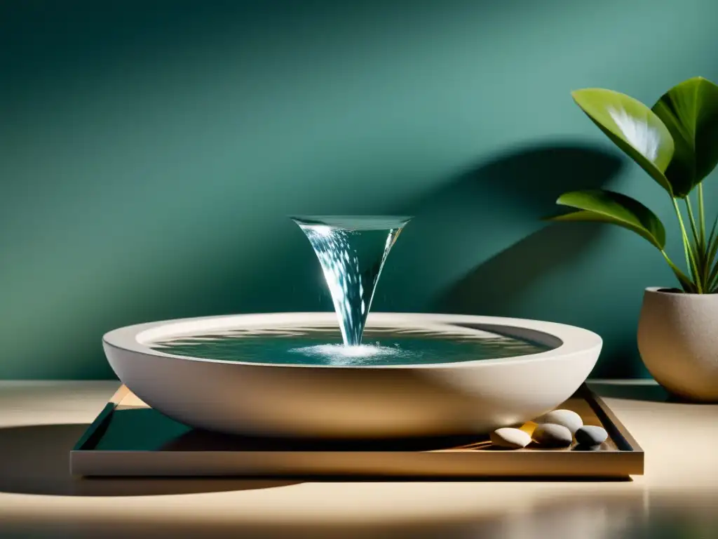 Una fuente de agua interior transmite calma y armonía, destacando la importancia del elemento agua en Feng Shui