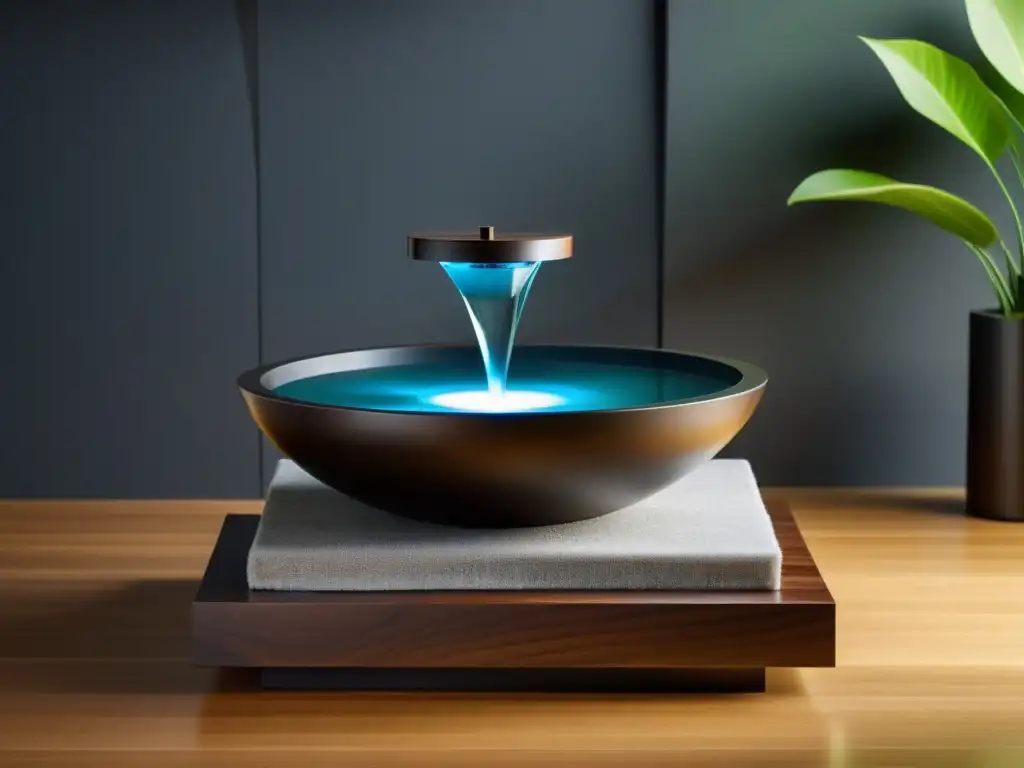 Una fuente de agua interior minimalista y serena, evocando equilibrio y tranquilidad, reflejando la importancia del agua en Feng Shui