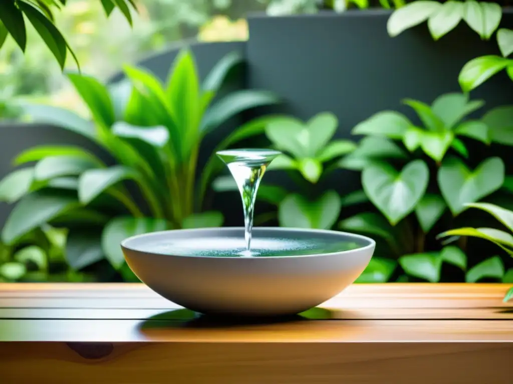 Fuente de agua minimalista con piedras pulidas y cascada suave, en un entorno de verdor y luz natural