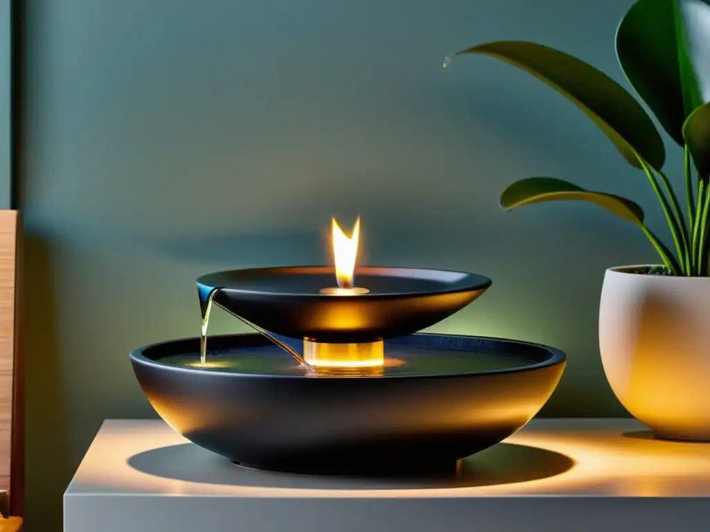 Una fuente de agua Feng Shui negra y elegante, con líneas suaves y luz LED, en un espacio interior sereno y minimalista