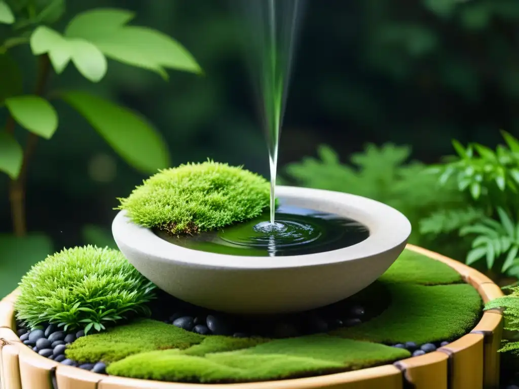 Fuente de agua en jardín Zen, con piedras oscuras y musgo verde, agua fluyendo desde bambú