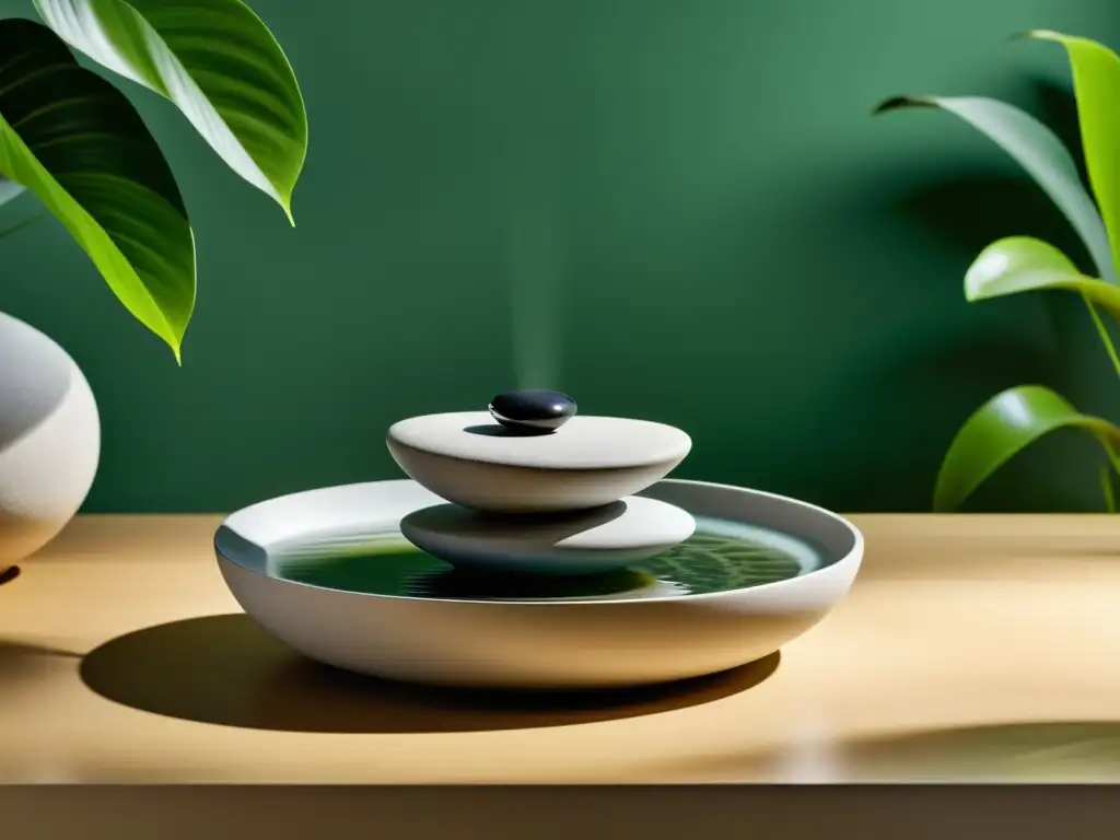 Una fuente de agua Feng Shui, con piedras redondeadas y agua que fluye suavemente, rodeada de vegetación exuberante y bañada en luz natural suave