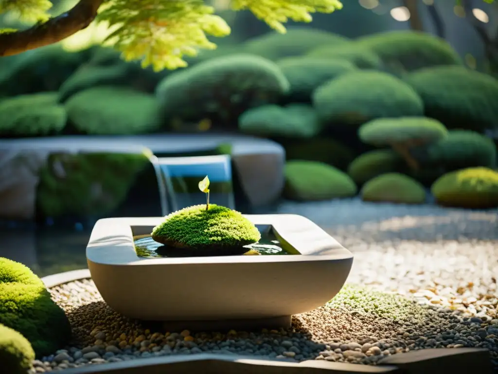 Jardín zen con fuente de agua en Feng Shui rodeada de rocas y musgo, creando armonía y serenidad bajo la luz del sol