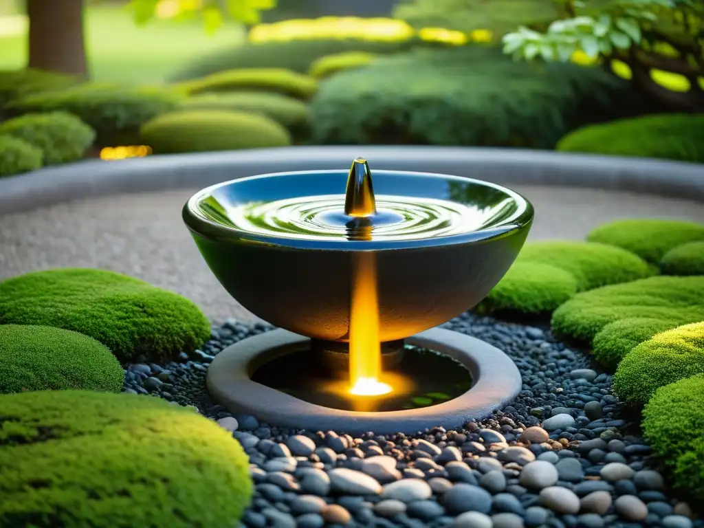 Una fuente de agua serena en un jardín japonés, rodeada de piedras y musgo