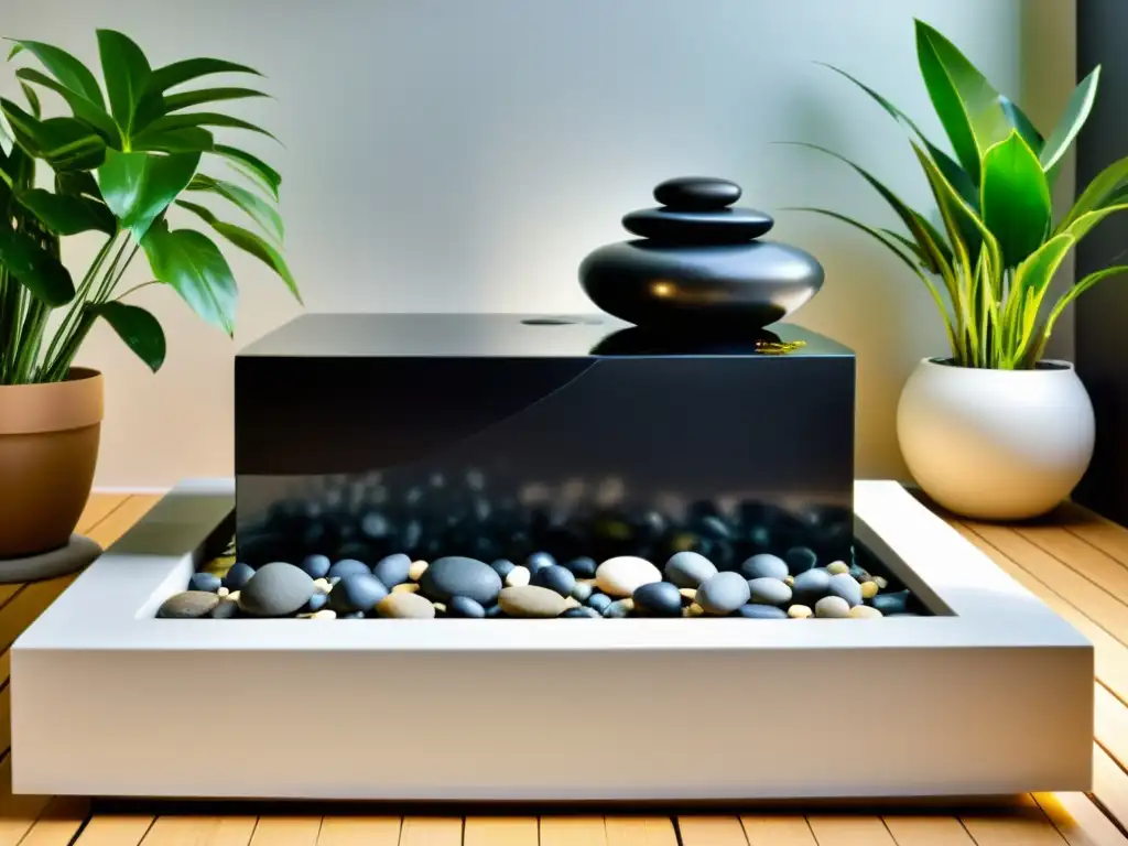 Una fuente de agua Feng Shui: serena, minimalista, con cascadas de agua en piedra pulida negra y un ambiente de calma y equilibrio