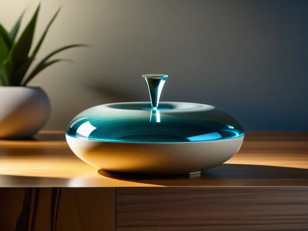 Una fuente de agua Feng Shui serena y minimalista con piedras pulidas y suaves ondulaciones en el agua, sobre una mesa de madera