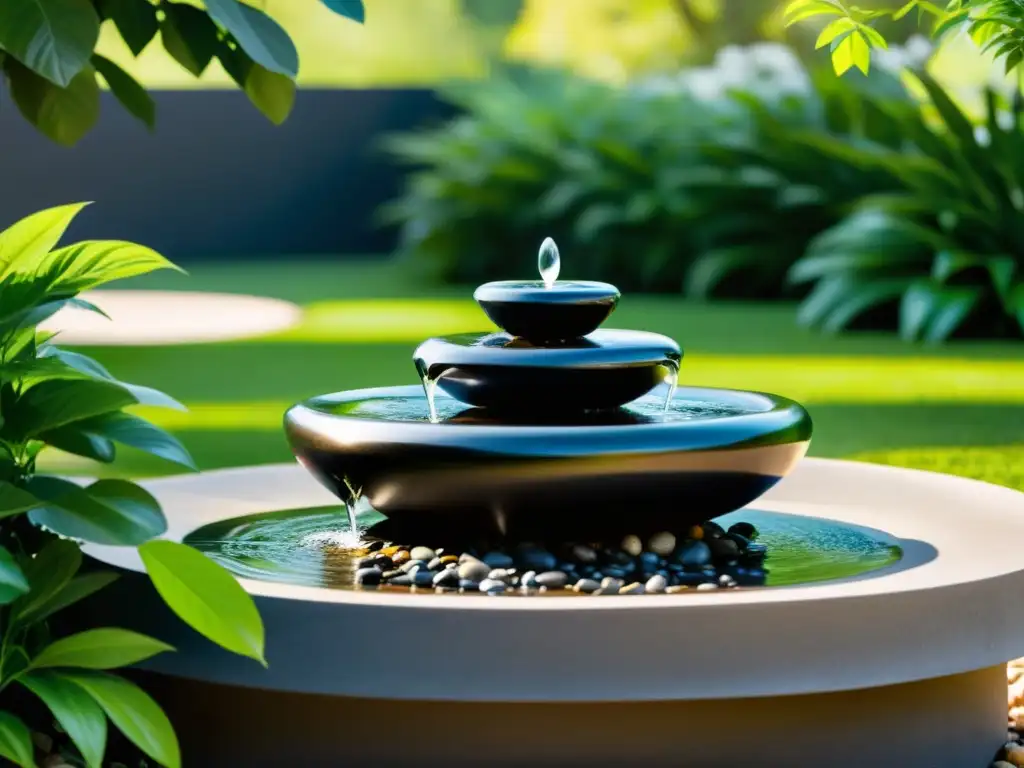 Fuente de agua tranquila de piedra negra pulida en jardín armonioso