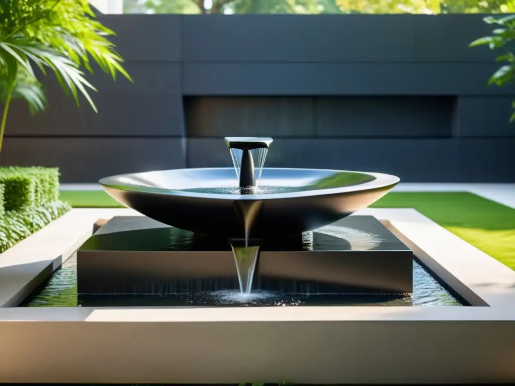 Una fuente de agua urbana Feng Shui, elegante y minimalista, con agua fluyendo suavemente en un entorno tranquilo y verde