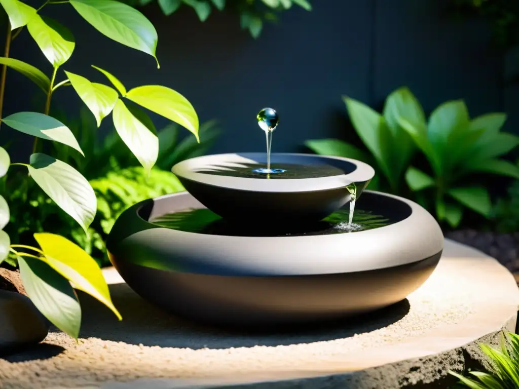 Una fuente de agua urbana Feng Shui con piedra oscura, agua serena y vegetación exuberante, evocando equilibrio y tranquilidad