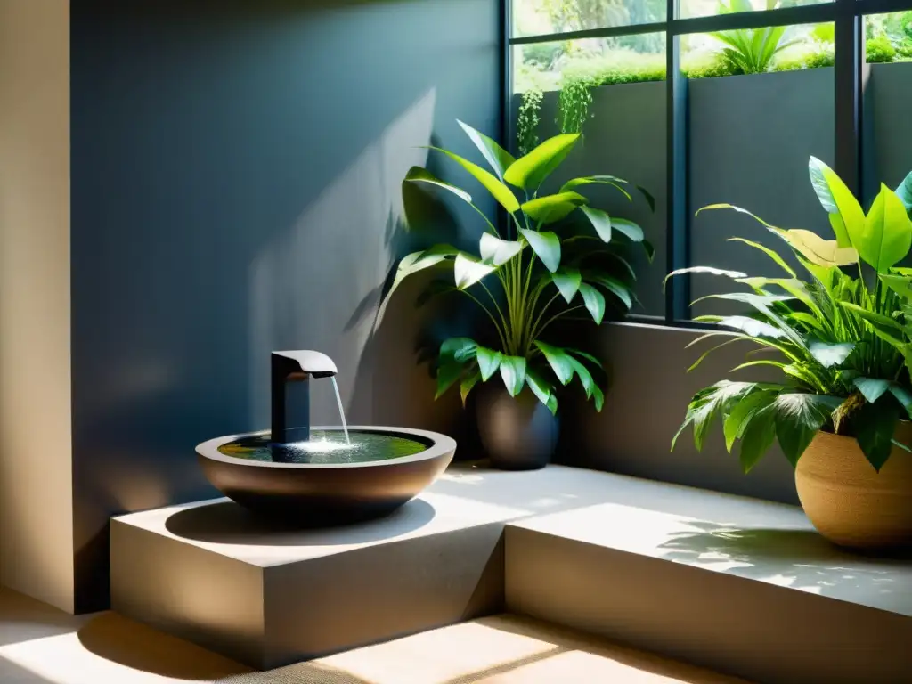 Una fuente de interior Feng Shui, hecha de piedra suave y oscura, en una habitación soleada con plantas verdes exuberantes