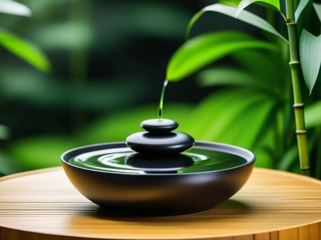 Fuente de mesa minimalista con piedras negras y agua fluente, rodeada de bambú