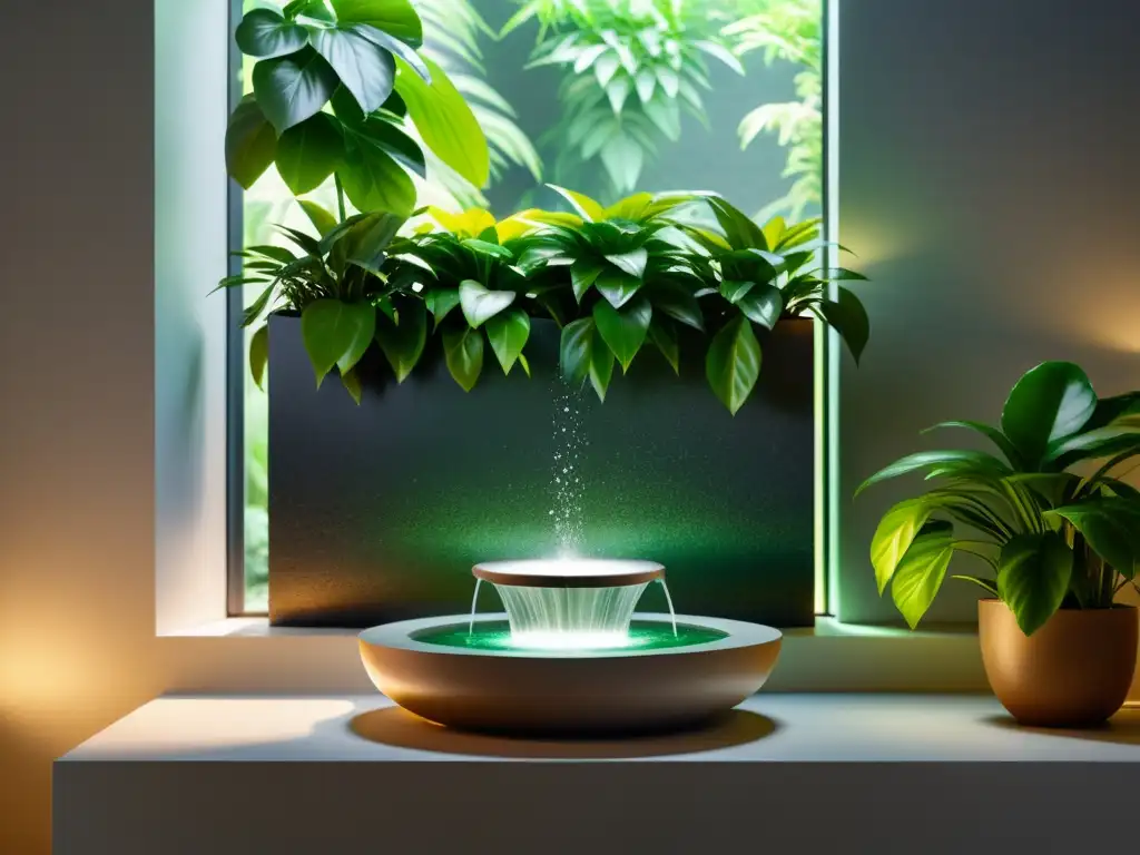 Una fuente de interior Feng Shui con piedras pulidas y plantas verdes, iluminada por luz natural, transmite serenidad y equilibrio