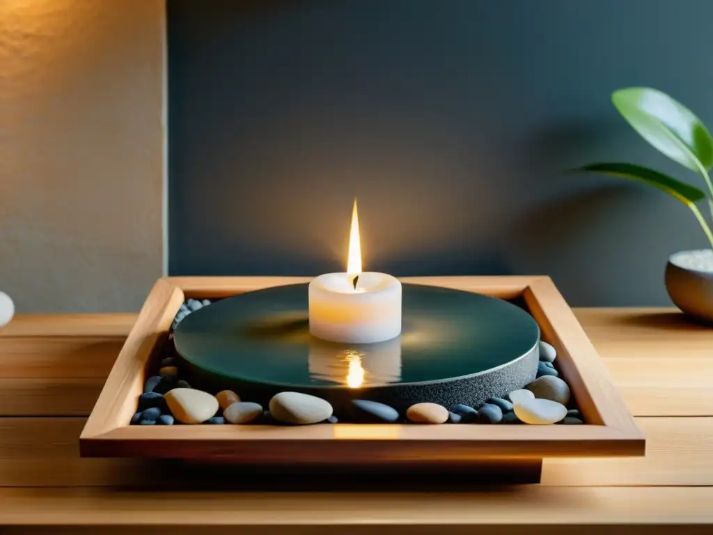 Una fuente de interior Feng Shui, rodeada de piedras suaves, iluminada por velas, emana tranquilidad y armonía