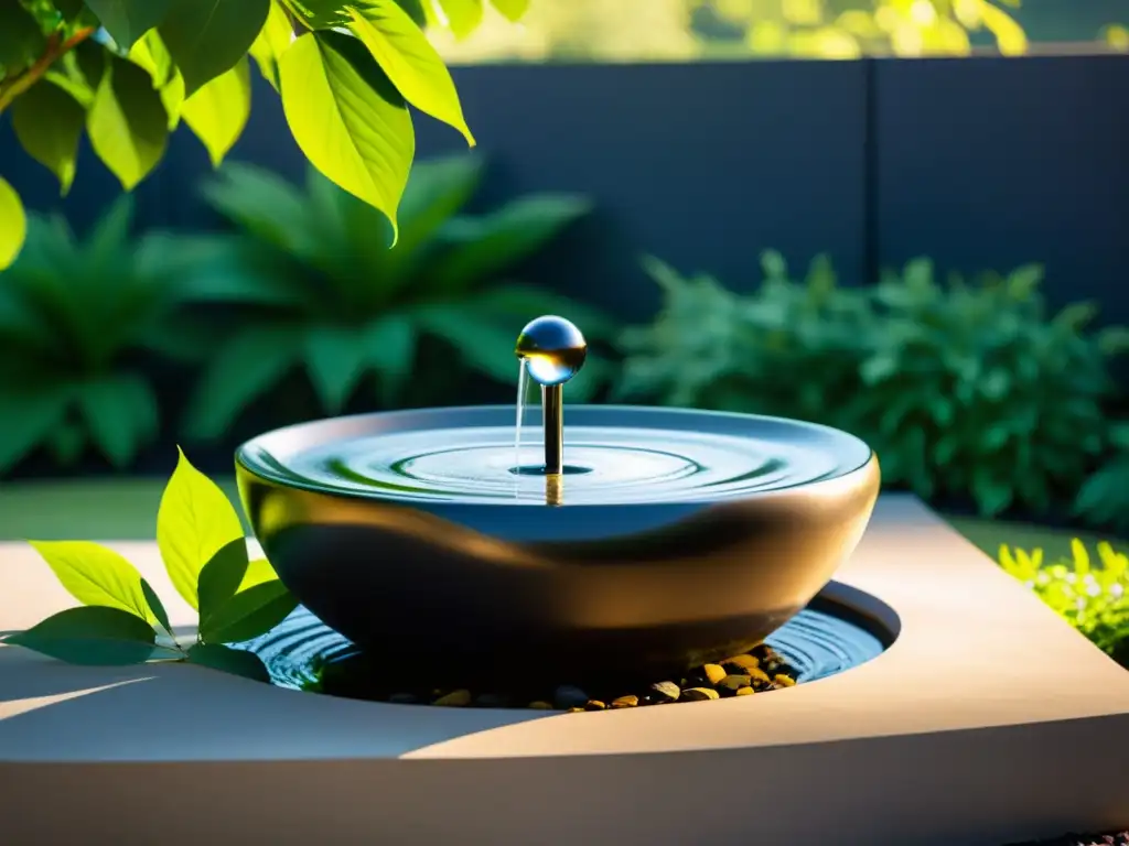 Fuente serena en jardín minimalista, reflejando la naturaleza