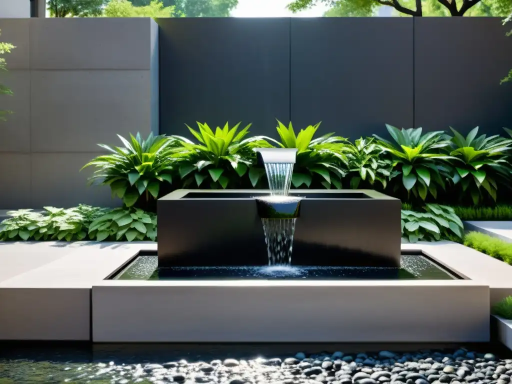 Fuente urbana Feng Shui: diseño minimalista con agua reflejando la ciudad, creando un oasis tranquilo en el bullicio urbano