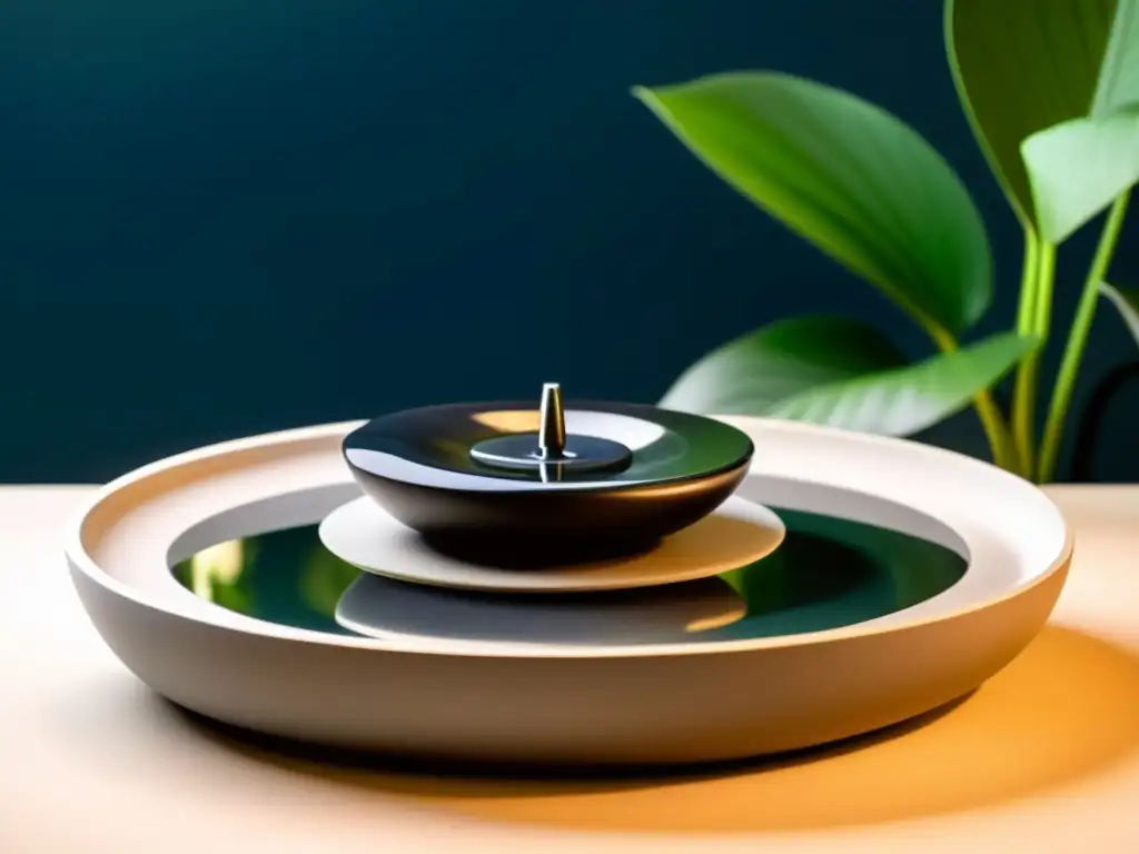 Fuentes y acuarios para armonía: Fuente de mesa minimalista con piedras oscuras y agua tranquila, iluminada suavemente