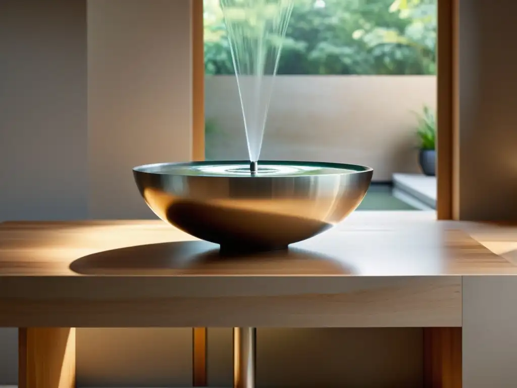 Colocación fuentes de agua Feng Shui: Fuente de agua interior minimalista en mesa de madera, creando un ambiente sereno y equilibrado