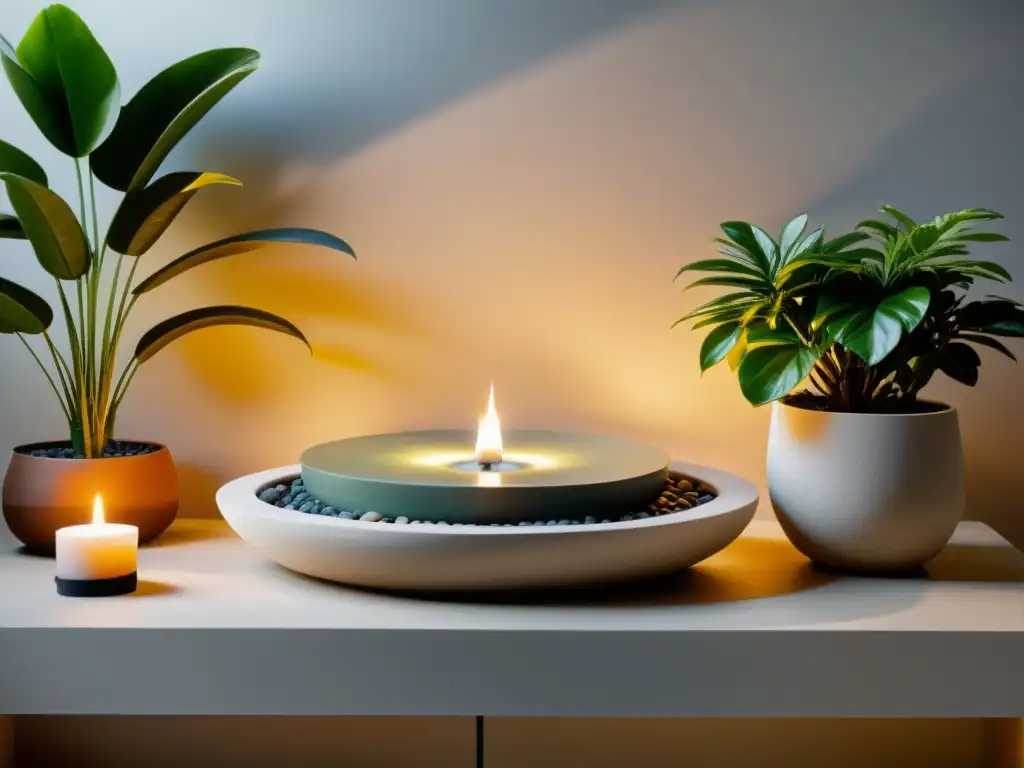 Colocación fuentes de agua Feng Shui en una sala minimalista serena con plantas y velas, creando armonía y tranquilidad