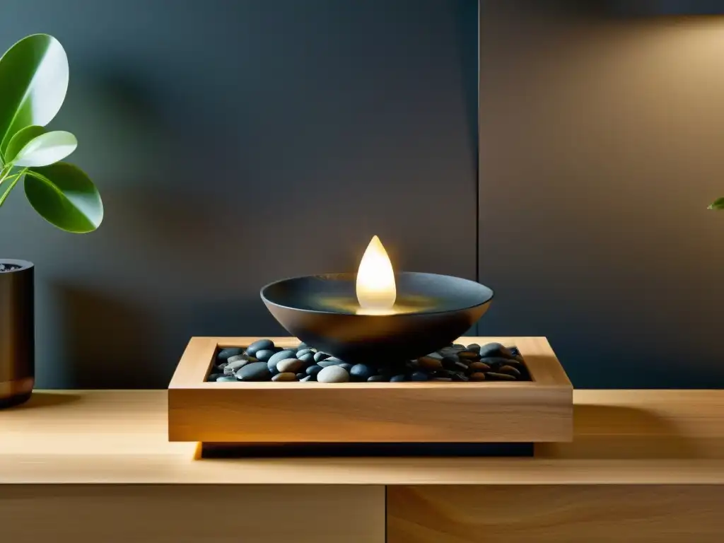 Fuentes de interior Feng Shui: Una fuente serena y minimalista en un soporte de madera, con piedras pulidas y agua relajante