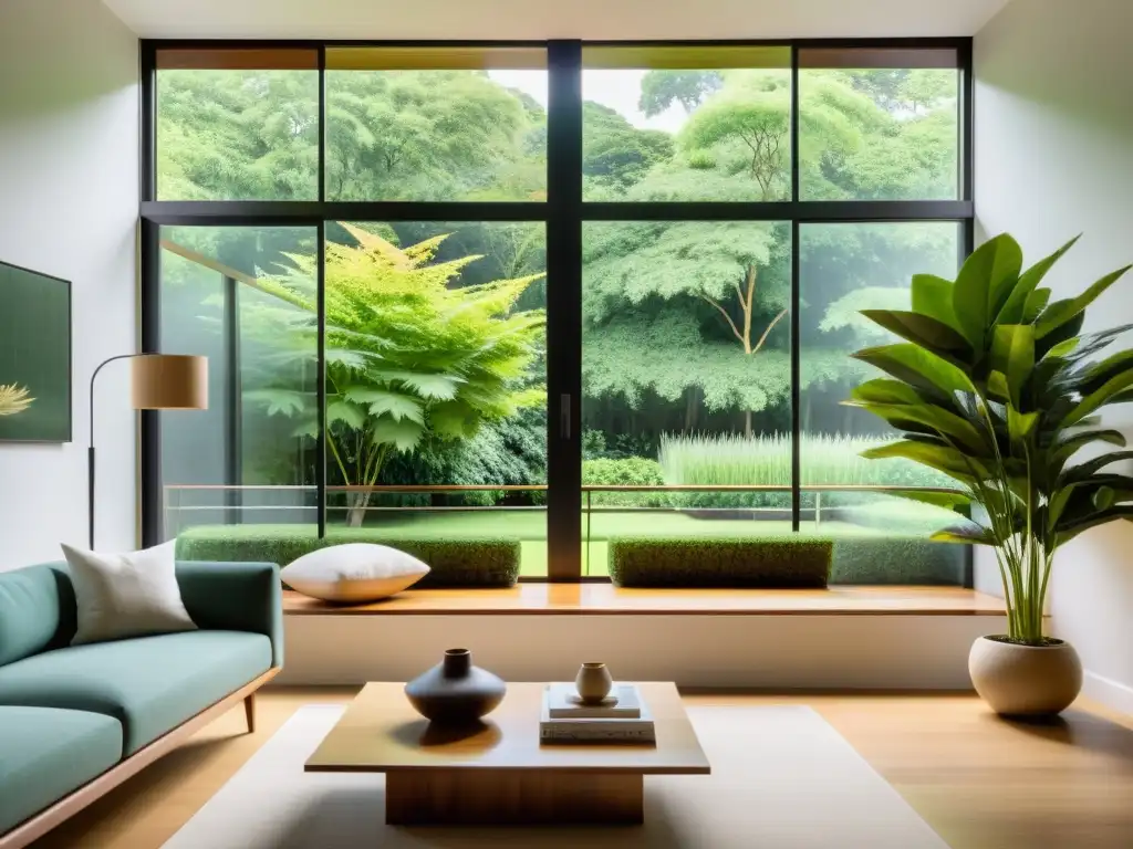 Feng Shui para un futuro sostenible: Sala minimalista con vista a jardín verde y luminoso, decoración equilibrada y armonía natural