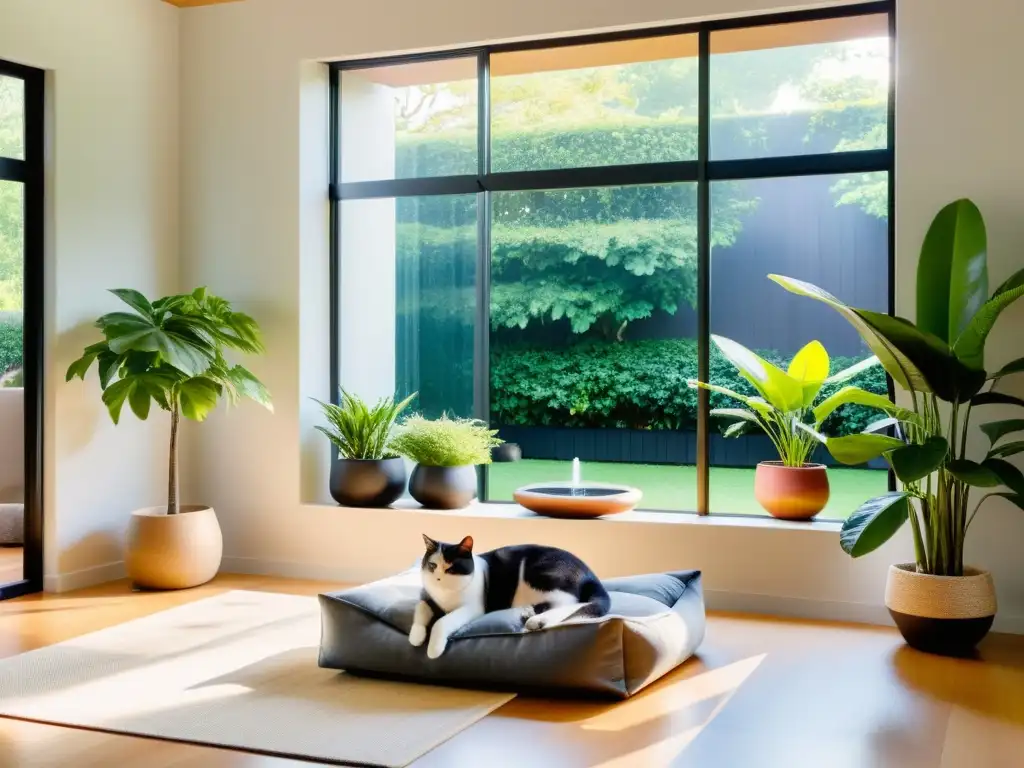 Dos gatos relajados disfrutan del Feng Shui para mascotas en casa en un salón luminoso con vistas a un exuberante jardín