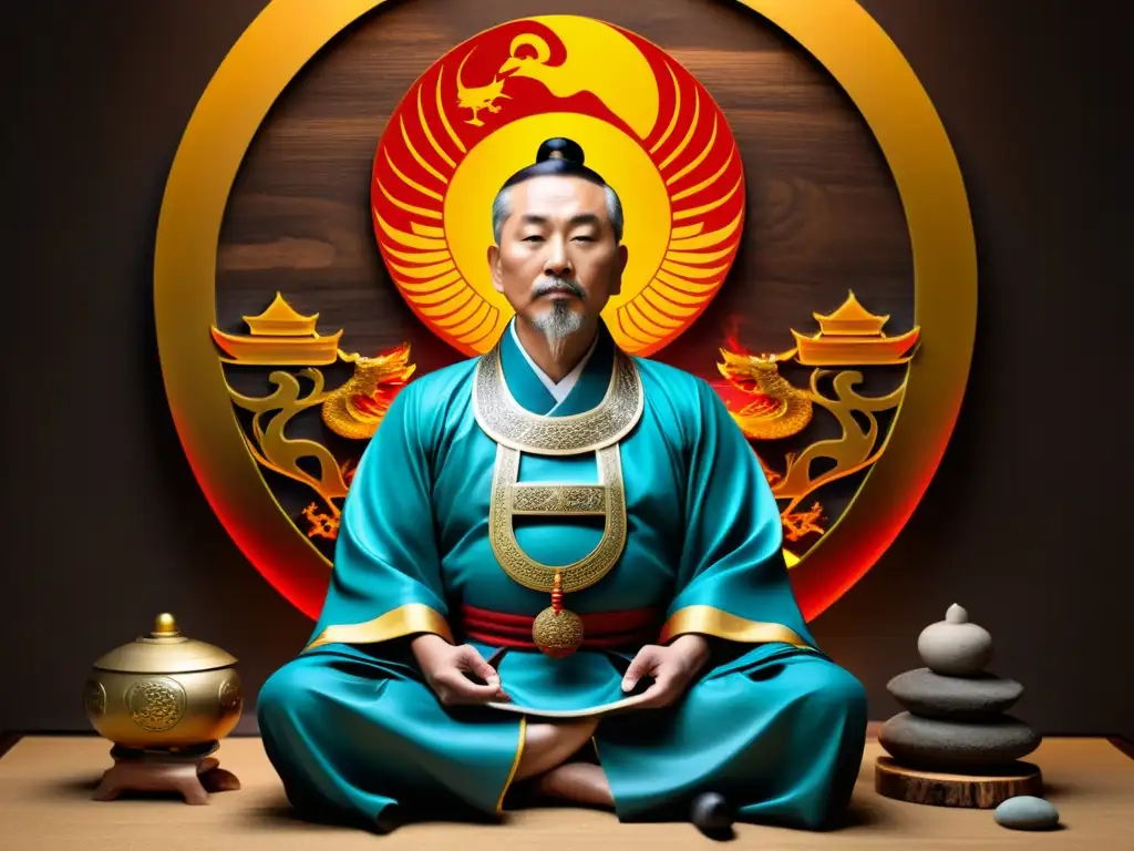 General chino en meditación, rodeado de elementos en equilibrio, encarnando la sabiduría del Feng Shui en estrategias de guerra