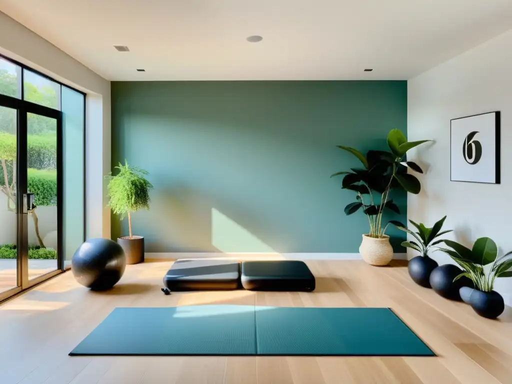 Un gimnasio en casa sereno y espacioso, con decoración minimalista y elementos de Feng Shui como plantas, luz natural y colores armoniosos